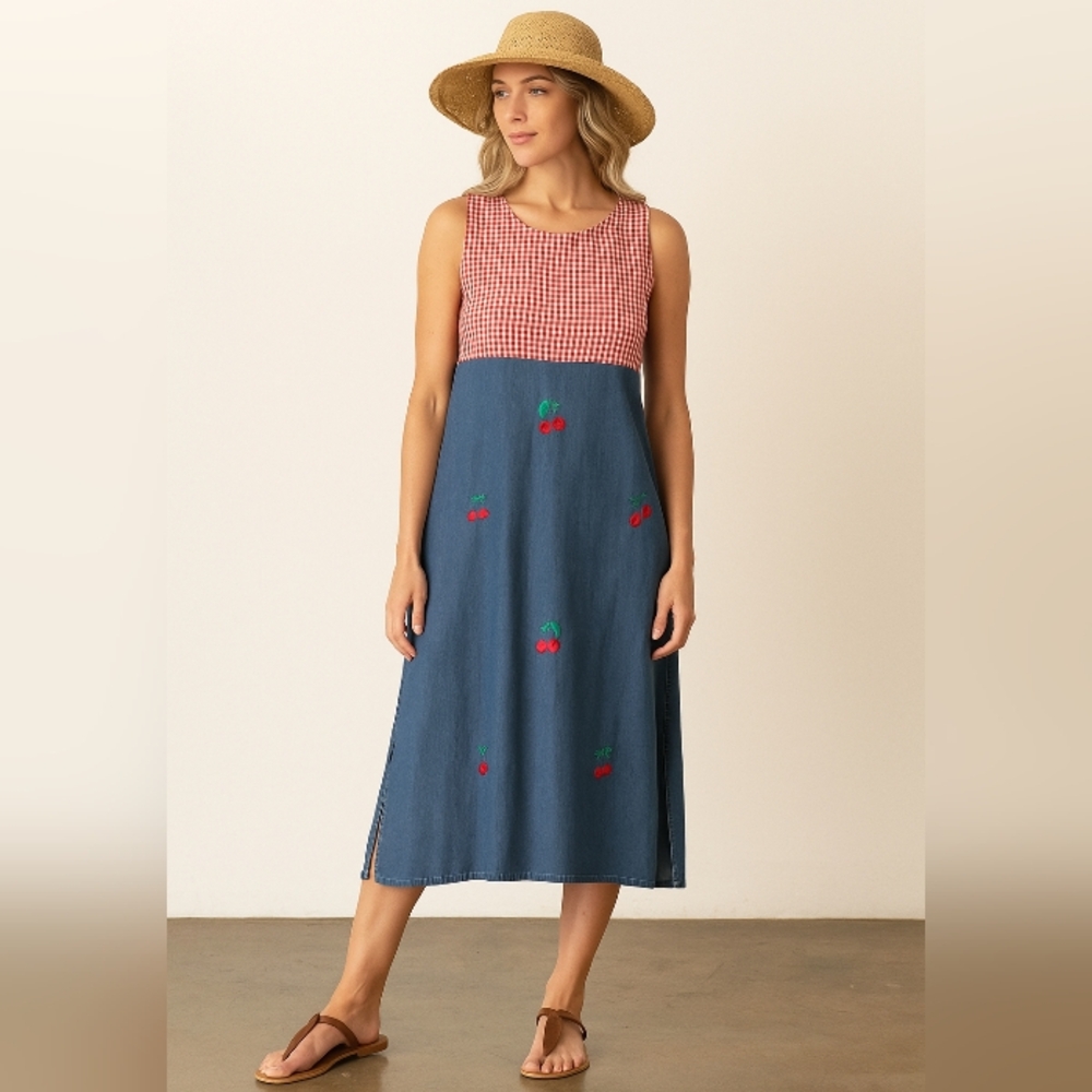 90's Denim Gingham Cherries Jean Dress 1X Pull Over Western Country